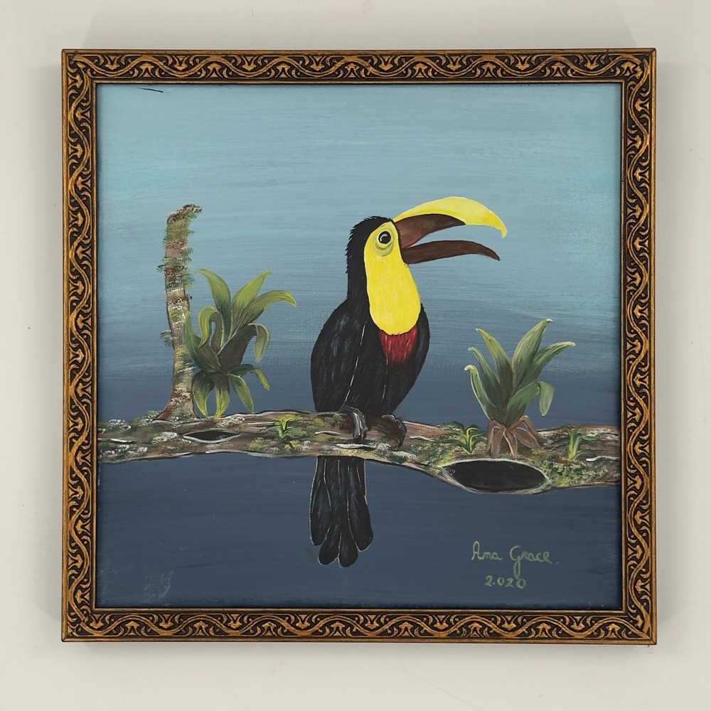 Tropical Toucan Original Painting on Canvas Bird Black Gold Ornate Frame